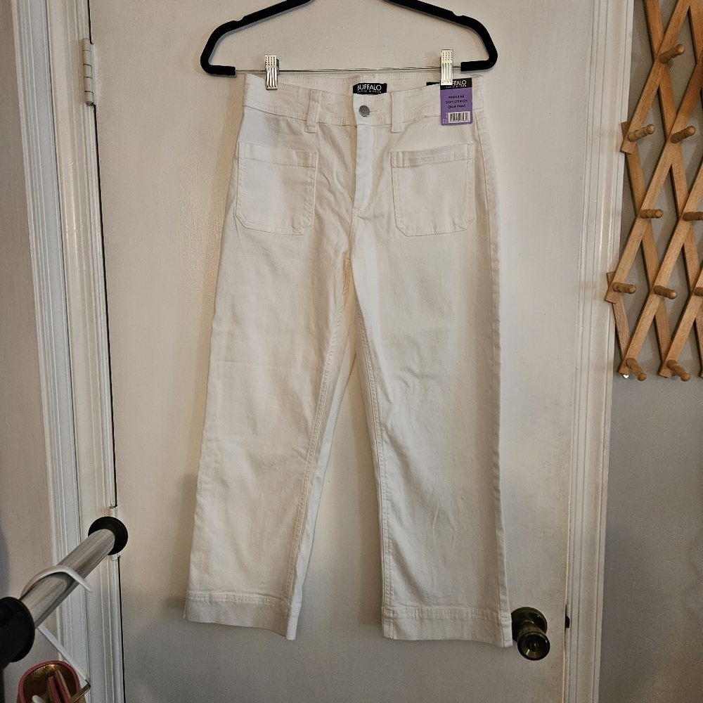 NWT Buffalo Womens Soft Stretch Wide Leg Crop Pants White Brigette Size 4